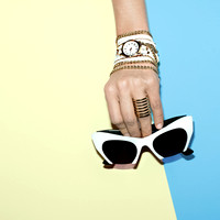 Glamorous white Accesories. Watches and sunglasses. Pastel color